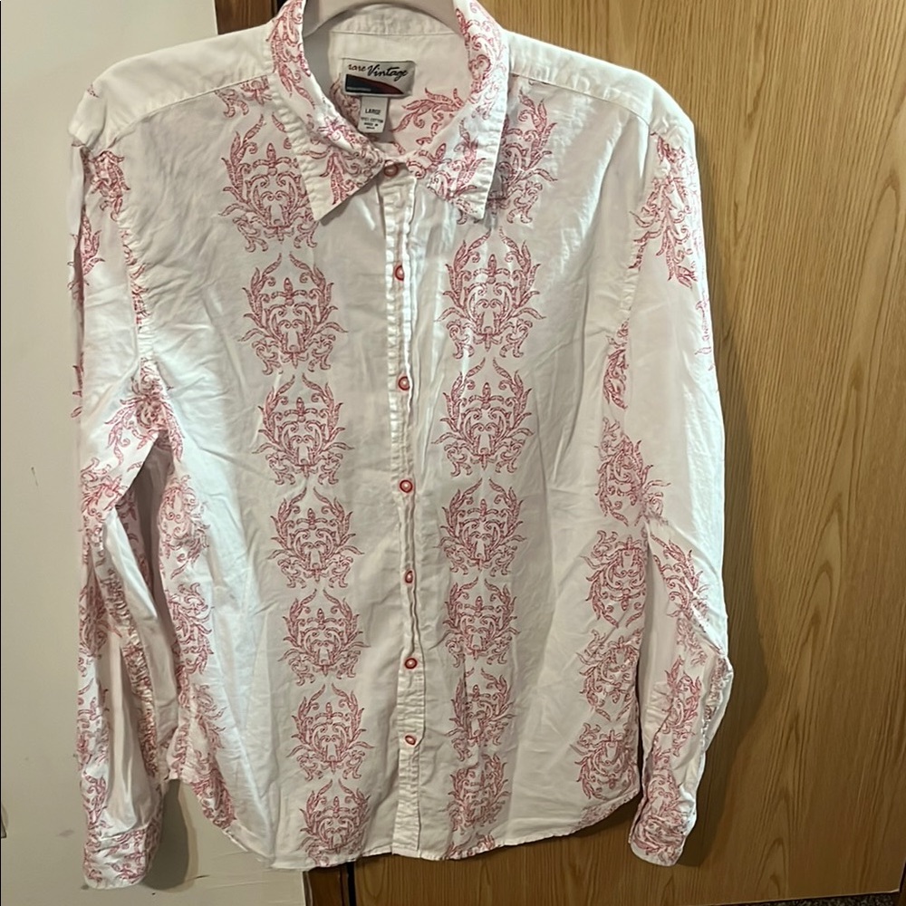 Rare Vintage Men's White and Red Patterned Shirt Large